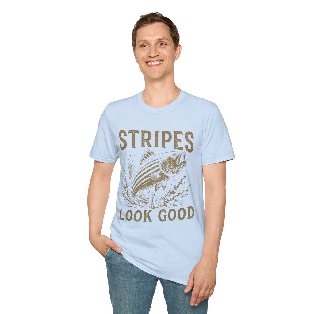 Striped Bass Fishing T-Shirt — "Stripes Look Good" Vintage Fish Tee