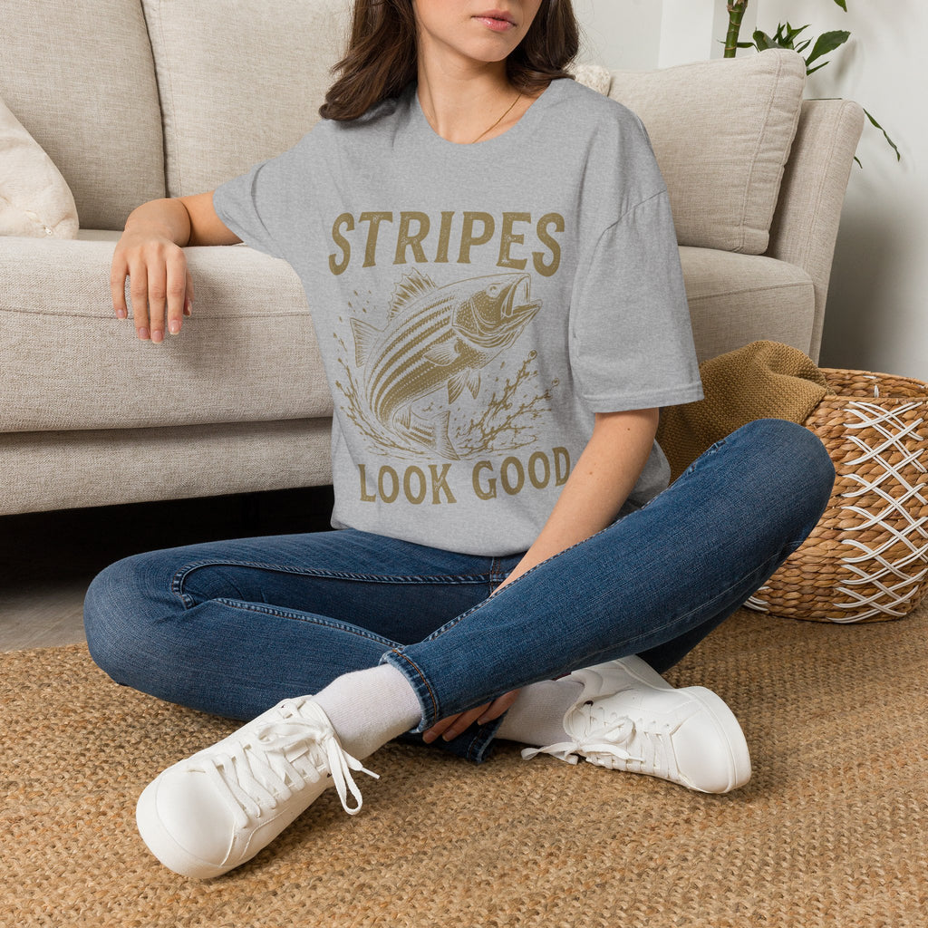 Striped Bass Fishing T-Shirt — "Stripes Look Good" Vintage Fish Tee