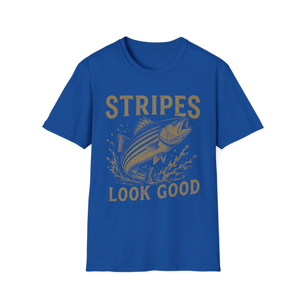 Striped Bass Fishing T-Shirt — "Stripes Look Good" Vintage Fish Tee
