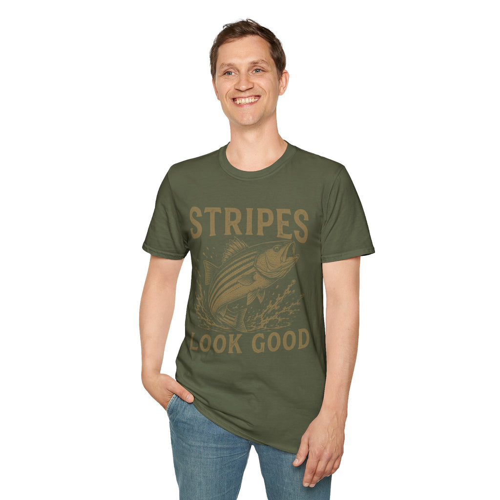 Striped Bass Fishing T-Shirt — "Stripes Look Good" Vintage Fish Tee