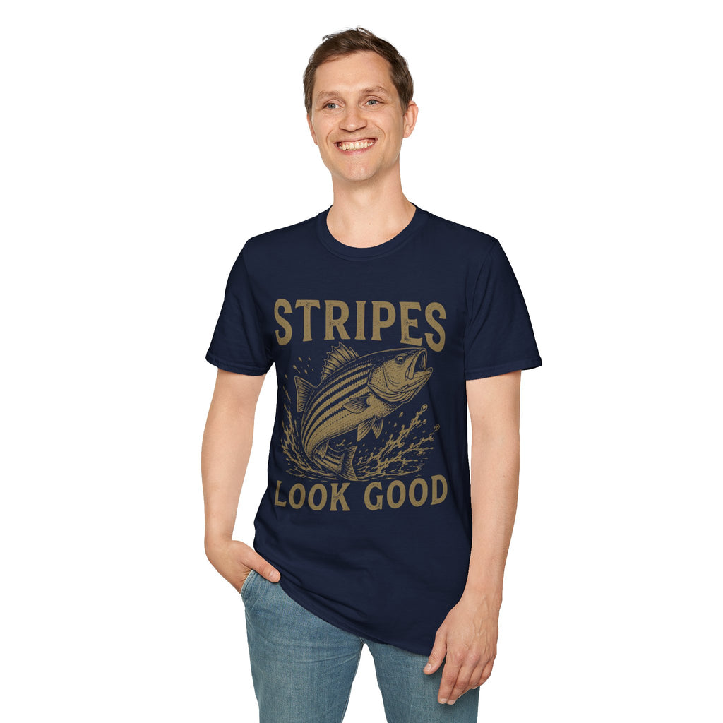 Striped Bass Fishing T-Shirt — "Stripes Look Good" Vintage Fish Tee