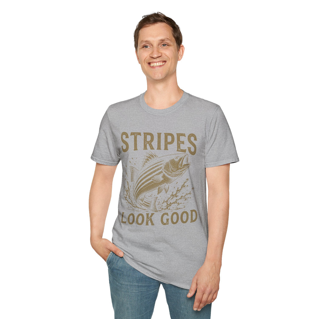 Striped Bass Fishing T-Shirt — "Stripes Look Good" Vintage Fish Tee