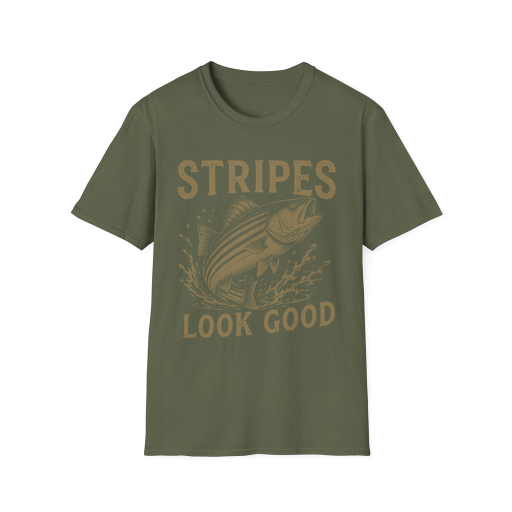 Striped Bass Fishing T-Shirt — "Stripes Look Good" Vintage Fish Tee
